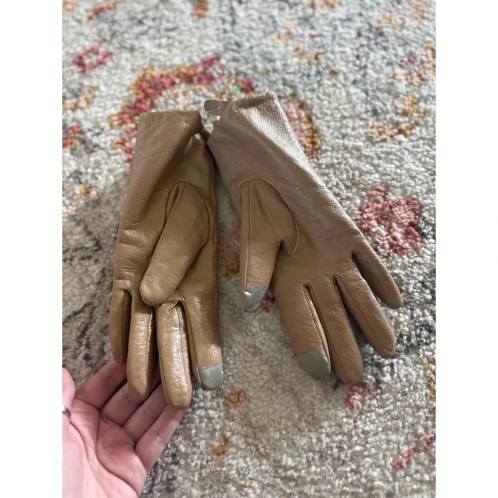 Womens Tan Leather Tech Gloves Faux Fur Lined Touchscreen Compatible Size M
